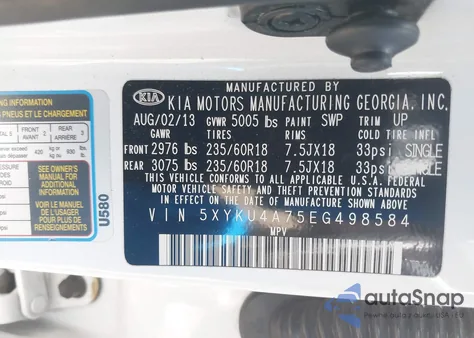 2014 Kia Sorento Ex V6 z USA, uszkodzony, nr VIN 5XYKU4A75EG498584